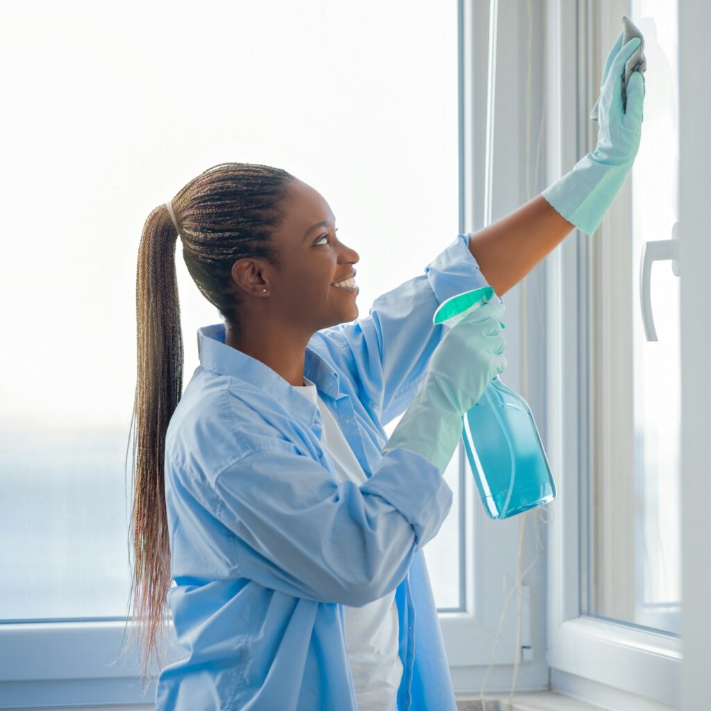 African american woman housekeeper cleaning windows at apartment