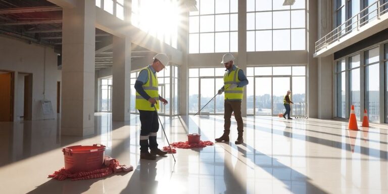 Clean construction site, workers sanitize surfaces.